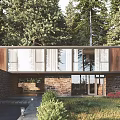 Lush Forest Single Family Home With Wooden Stone Exterior Large Windows Front Garden and Driveway