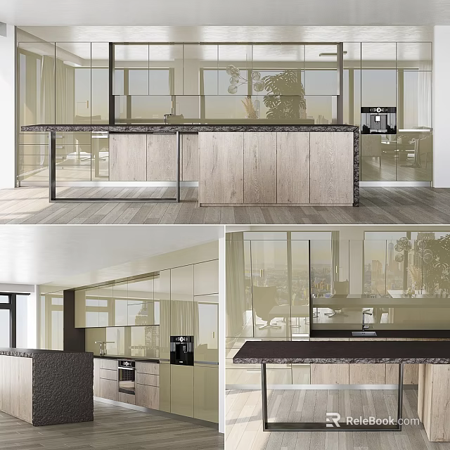 Modern Kitchen Interior Design With Stylish Cabinets And Island Counter Top 3d model 