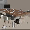 Modern Office Workspace With Wooden Desk Computer Laptop Stationery And Gray Chairs