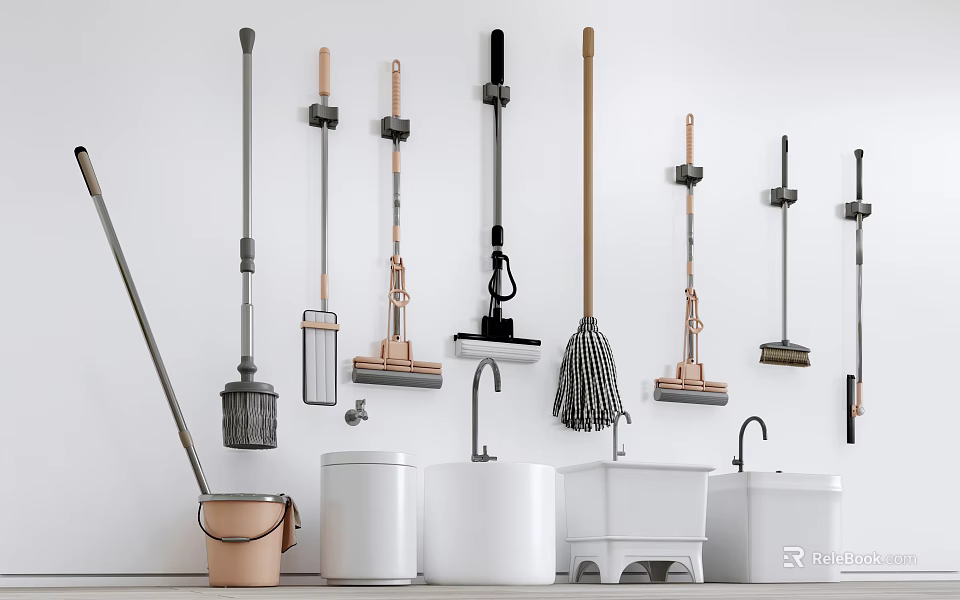 Bathroom Combo Set With Mops Brooms Bucket And Hanging Storage Hooks 3d model 