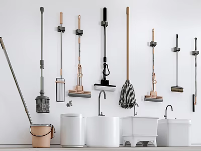 Bathroom Combo Set With Mops Brooms Bucket And Hanging Storage Hooks 3d model