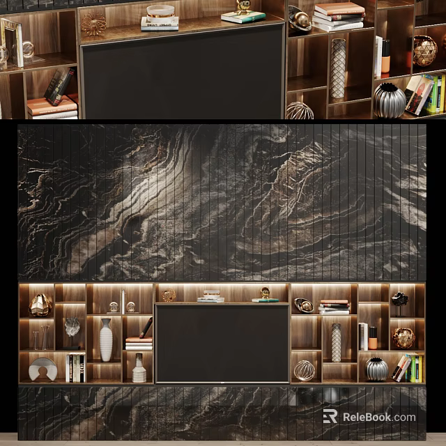 Modern TV Background Cabinet Interior With Marble Texture Illuminated Shelves And Decorative Items 3d model 
