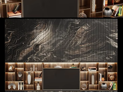 Modern TV Background Cabinet Interior With Marble Texture Illuminated Shelves And Decorative Items 3d model