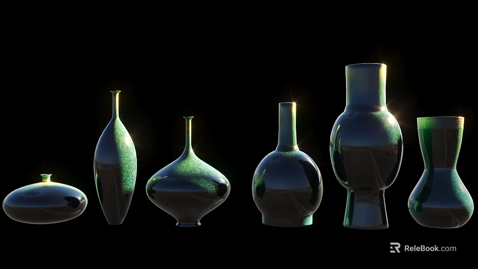 Glossy Green Ceramic Vessels In Various Shapes And Sizes With Black Background Lighting 3d model 