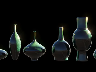 Glossy Green Ceramic Vessels In Various Shapes And Sizes With Black Background Lighting 3d model
