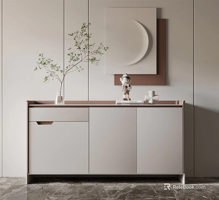Modern Entryway Cabinet Sideboard with Wooden Top Decorative Mirror and Green Plant 3d model 