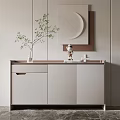 Modern Entryway Cabinet Sideboard with Wooden Top Decorative Mirror and Green Plant