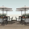 Outdoor Patio Wooden Table And Metal Chair Set With White Cushions Dining Items