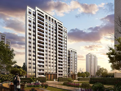 Modern High Rise Residential Buildings In A Landscaped Community With Greenery 3d model