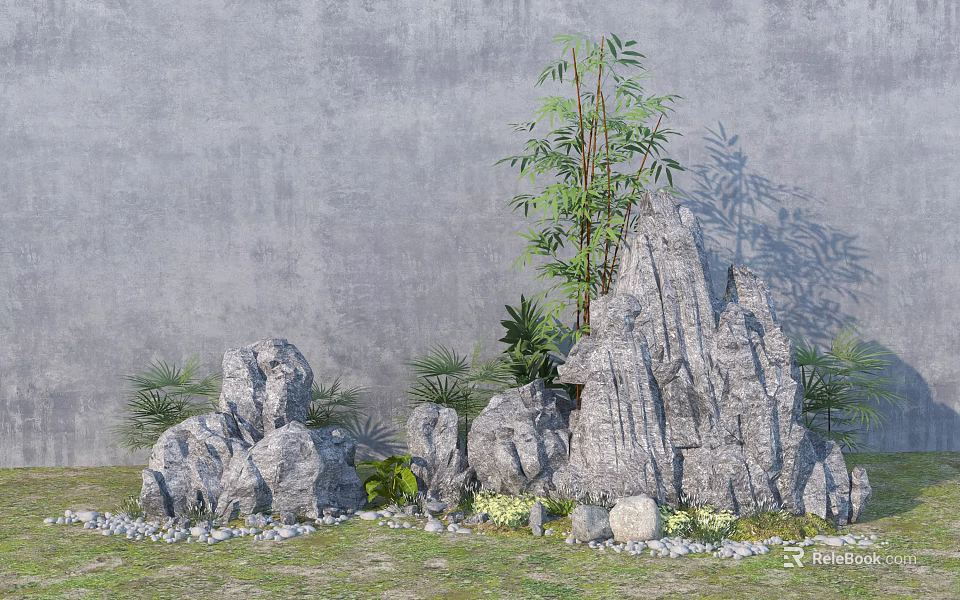 Decorative Garden Ornament With Rock Formations Green Plants Pebbles Grass And Gray Wall 3d model 