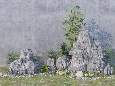 Decorative Garden Ornament With Rock Formations Green Plants Pebbles Grass And Gray Wall 3d model