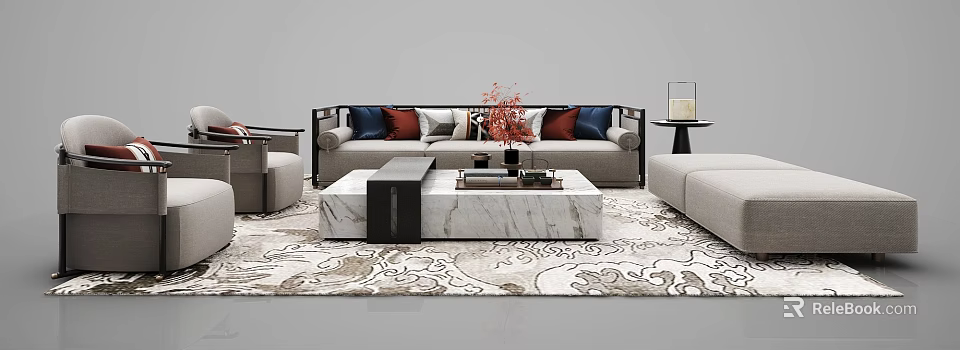 Modern Sofa Coffee Table Combination With Marble Top And Colorful Throw Pillows On Patterned Rug 3d model