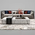 Modern Sofa Coffee Table Combination With Marble Top And Colorful Throw Pillows On Patterned Rug 3d model