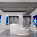 Modern Office Reception Desk With Marble Wall Company Logo And Ceiling Lights