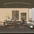 Traditional Chinese Living Room With Circular Ceiling Light Chinese Style Furniture And Wall Paintings
