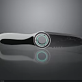 Modern Kitchen Knife With White Black Handle Blue Circular Accent And Metallic Blade