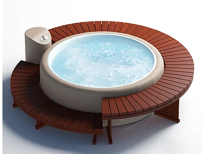 Round Bathtub With Wooden Surround And Flowing Bubbling Water Design 3d model