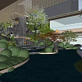 Serene Garden Landscape with Waterfall Pond Red Maple Trees Traditional Pavilion and Lush Green Shrubs