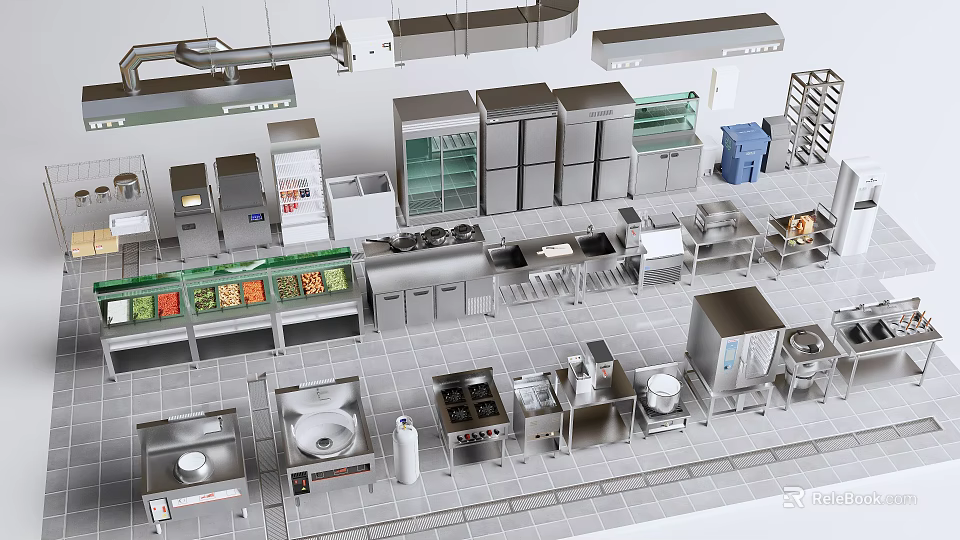 Stainless Steel Commercial Kitchen Featuring Various Cooking Appliances And Food Display Counters 3d model 