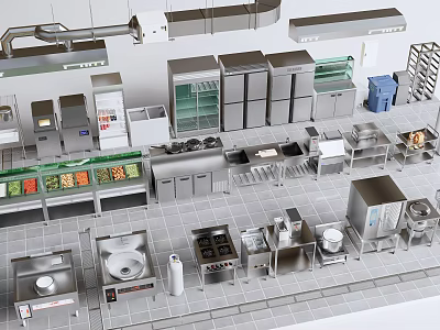 Stainless Steel Commercial Kitchen Featuring Various Cooking Appliances And Food Display Counters 3d model