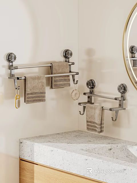 Neatly Folded Beige Towels On Metal Racks In Modern Bathroom With Mirror And Countertop 3d model 