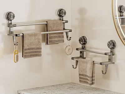 Neatly Folded Beige Towels On Metal Racks In Modern Bathroom With Mirror And Countertop 3d model
