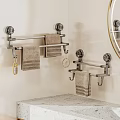 Neatly Folded Beige Towels On Metal Racks In Modern Bathroom With Mirror And Countertop