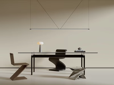 Modern Glass Top Desk With Black Metal Frame Modern Chair And Minimalist Table Lamp 3d model