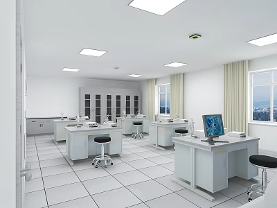 Public Office Space With White Walls Square Ceiling Lights Workstations Computers And Glass Door Cabinets 3d model