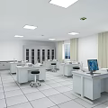 Public Office Space With White Walls Square Ceiling Lights Workstations Computers And Glass Door Cabinets