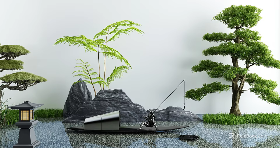 Serene Garden Ornament with Black Stones Green Plants Bamboo Small Boat Fisherman and Lotus Leaf 3d model 