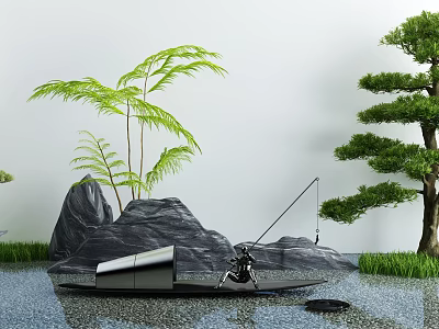 Serene Garden Ornament with Black Stones Green Plants Bamboo Small Boat Fisherman and Lotus Leaf 3d model