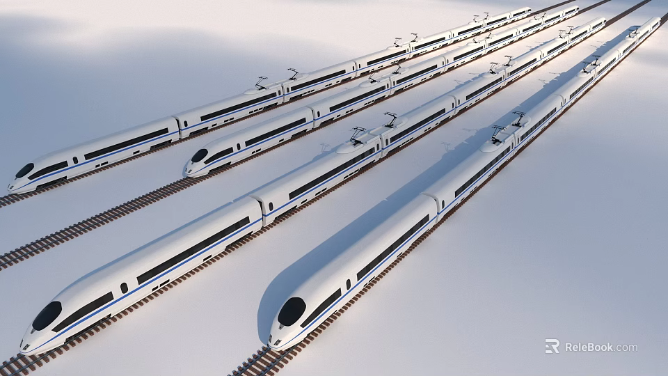 Multiple White High Speed Trains Running On Tracks In Snowy Environment 3d model 