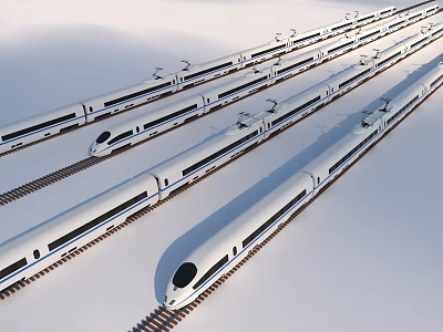 Multiple White High Speed Trains Running On Tracks In Snowy Environment 3d model