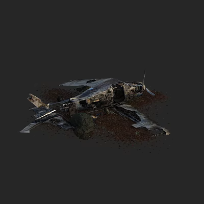 Derelict Fighter Jet Wreck Surrounded By Debris And Fallen Leaves 3d model