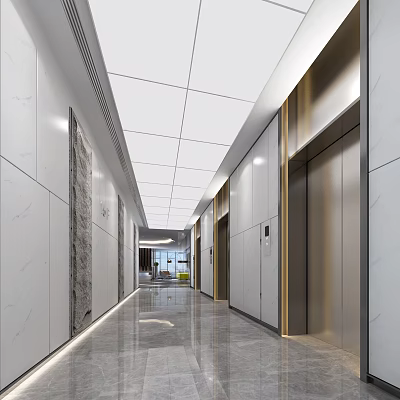 Modern Elevator Lobby Interior With Marble Walls Metal Doors And Reflective Floor 3d model