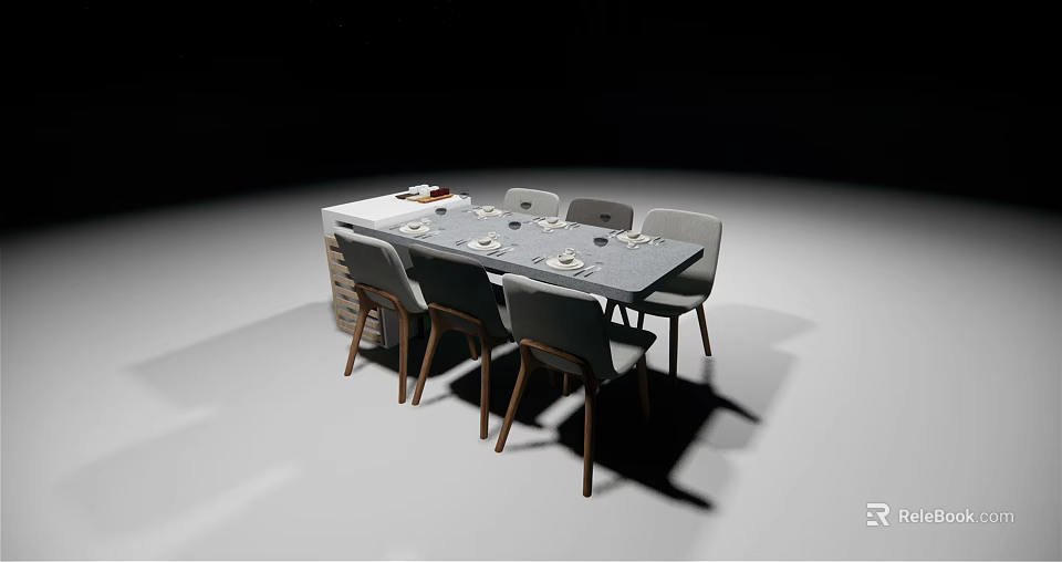 Simple Dining Table Set with Six Gray Chairs and Tableware on Surface 3d model 