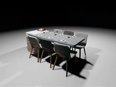 Simple Dining Table Set with Six Gray Chairs and Tableware on Surface 3d model