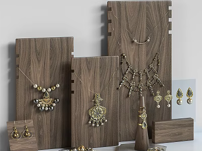Elegant Jewelry Display With Wooden Boards Featuring Necklaces Earrings And Pendants 3d model