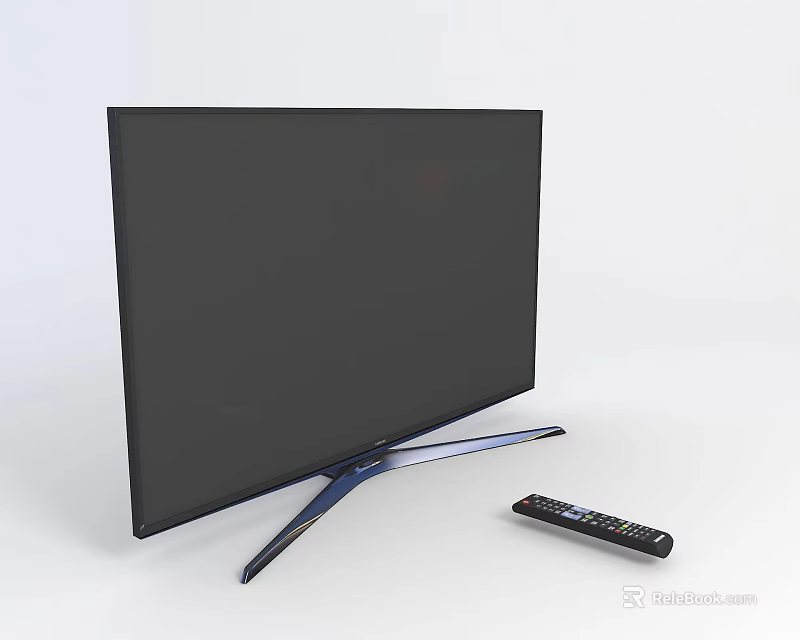 Tech Exhibition Hall Showcasing Modern Smart TV With Blue Stand And Remote Control 3d model 