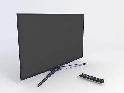 Tech Exhibition Hall Showcasing Modern Smart TV With Blue Stand And Remote Control 3d model