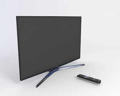 Tech Exhibition Hall Showcasing Modern Smart TV With Blue Stand And Remote Control 3d model