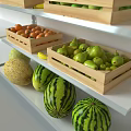 Display Shelves Stocked with Green Tea Beverages and Fresh Fruits in Wooden Crates