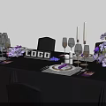 Decorative Ornament Arrangement with Purple White Flowers Candles Wineglasses Tableware for Banquet Formal Table Setting