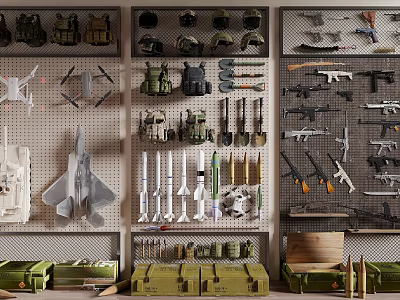 Diverse Weapon Collection Displayed on Pegboards With Firearms Aircraft Models Backpacks And Storage Crates 3d model