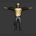 Motorcycle Rider Character In Yellow Helmet Vest Black Jacket And Gray Pants With Arms Outstretched
