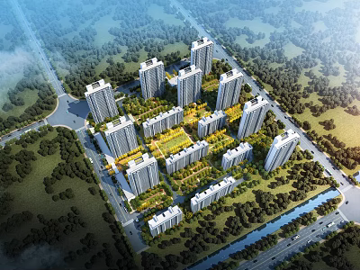 Modern High Rise Residential Complex With Lush Green Areas And River View 3d model