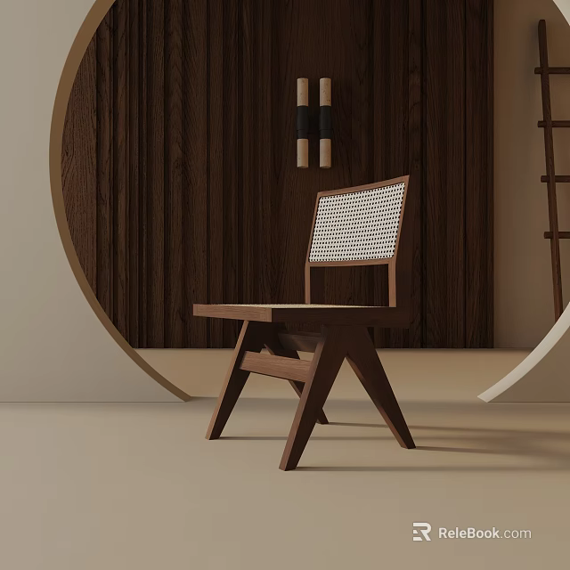 Modern Wooden Dining Chair With Rattan Weave Back And Contemporary Brown Frame 3d model 