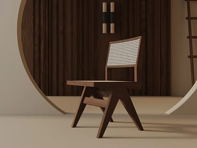 Modern Wooden Dining Chair With Rattan Weave Back And Contemporary Brown Frame 3d model