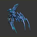Futuristic Decorative Structure With Blue Teal Winged Design And Symmetric Patterns